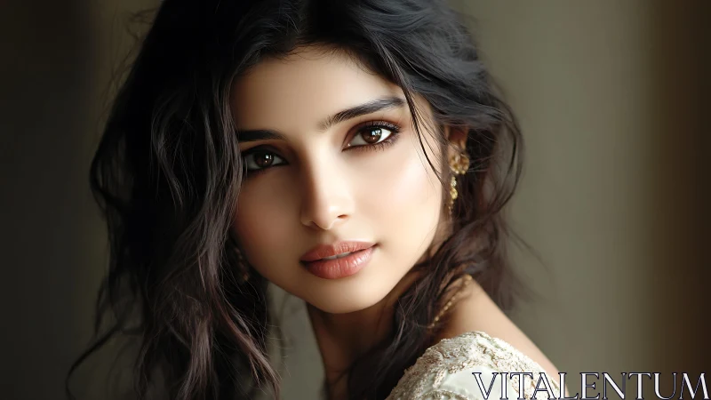 Soft focus portrait with warm rim light and neutral bokeh background.