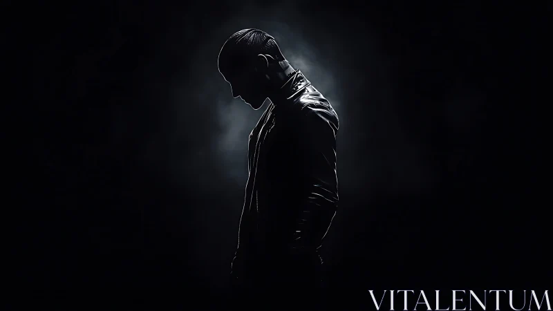 Backlit solitary figure in high-contrast volumetric darkness.