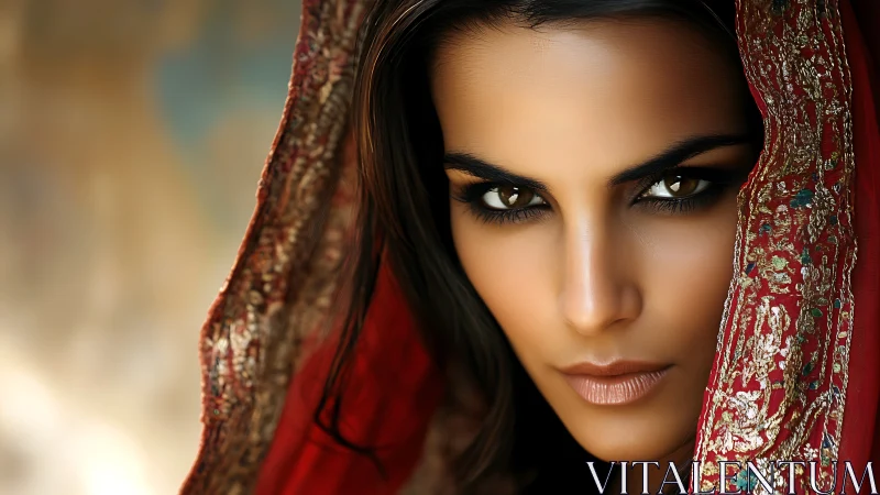 Intense Portrait of Woman in Embroidered Red Veil, Cinematic Style.