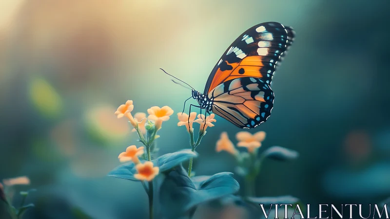 Butterfly on small orange flowers in soft garden setting.