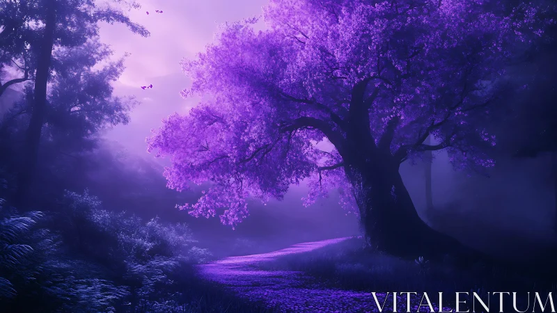 Luminous violet tree dominates misty twilight forest path