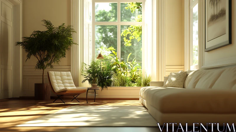 Sunlit living room embraces greenery and calm comfort.
