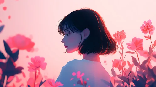 Dreamy girl adrift in neon dusk wildflower hush.