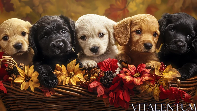 Autumnal basket composition frames five photoreal puppy portraits