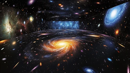 Immersive galaxy room swirling with bright cosmic wonder.
