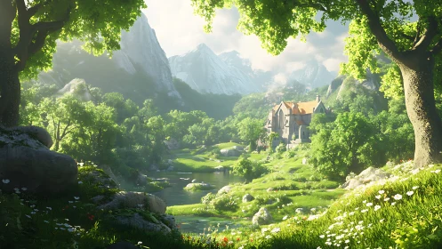 Sunlit riverside manor in verdant alpine valley landscape.