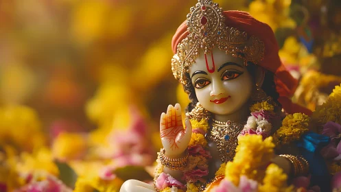 Gentle deity statue amid golden blooms and soft light.