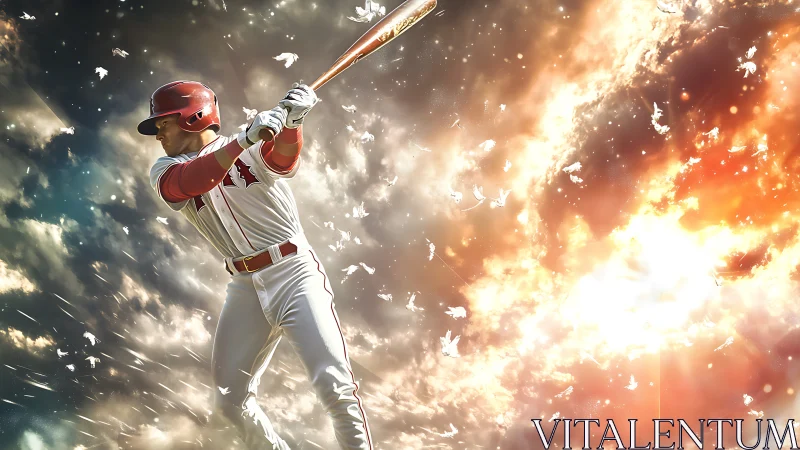 Baseball batter in stylized sky with dynamic light field.