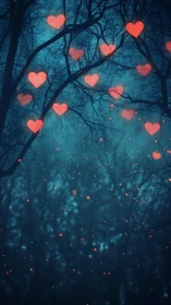 Glowing Hearts in Bare Forest at Night