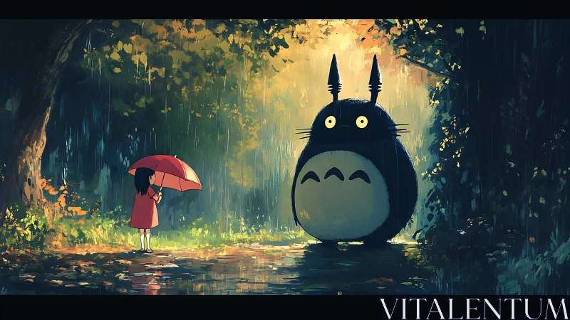 Girl with umbrella facing large forest creature in rain.