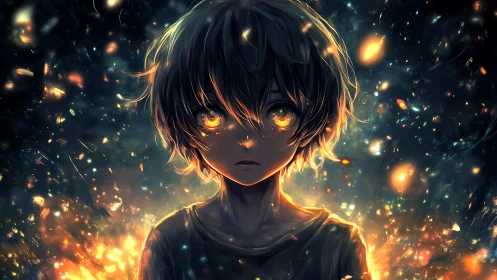 Luminous-eyed anime child stands amid swirling cosmic embers