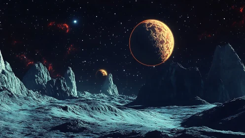 Digital painting of alien ice plateau under dual crescent moons.