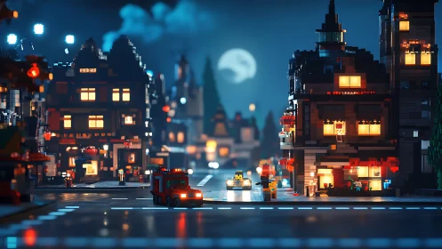 Moonlit toy-city traffic hums through glowing brick streets
