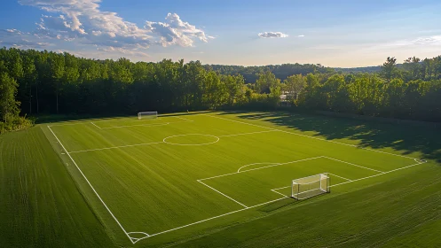 Sunlit soccer pitch bordered by dense summer forest.