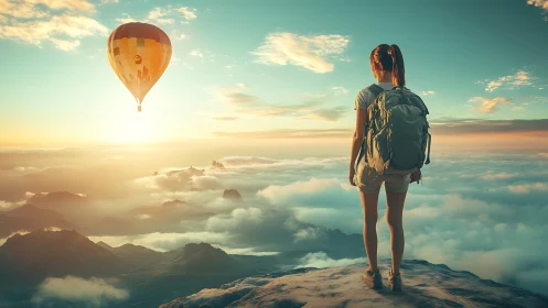 Backpacker overlooking sunrise clouds and golden balloon.