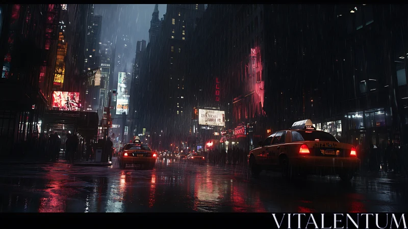 Rain-soaked neon avenue captures cinematic urban taxis at night