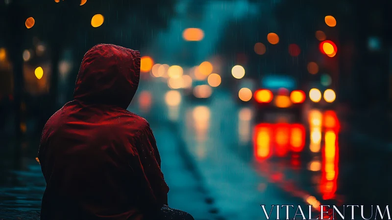 Figure in red hood observes defocused city traffic at night