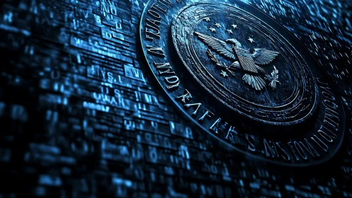 Embossed cyber-emblem integrates surveillance seal with data grid