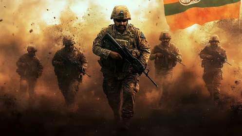 Dustborne soldiers surge forward beneath blazing colors.