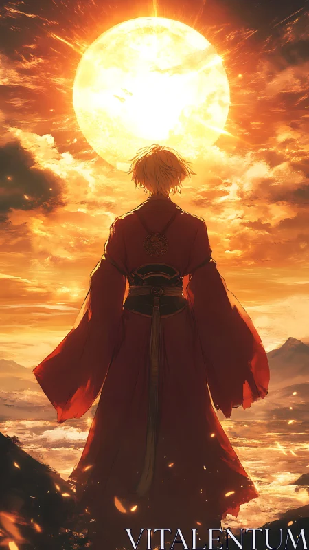 Solitary figure in red robe under an intense blazing sun.