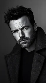Moody monochrome portrait of man in textured overcoat.