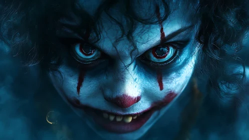 Haunting clown face with eerie eyes in misty blue glow.