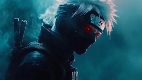 Masked silver haired ninja glows with ominous red eyes.