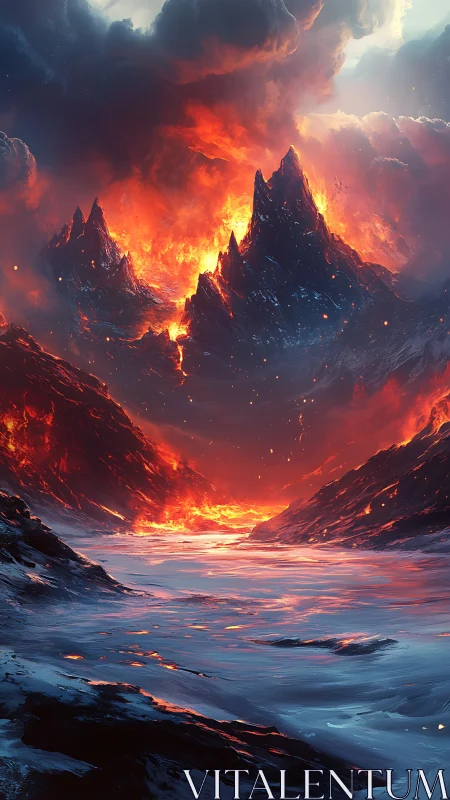 Mountainous volcanic landscape with active lava flows and illuminated peaks