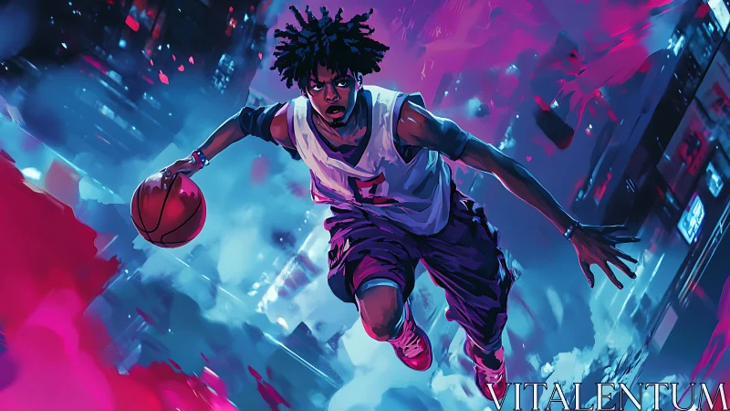 Neon kinetic basketball portrait in dynamic cyberpunk frame.