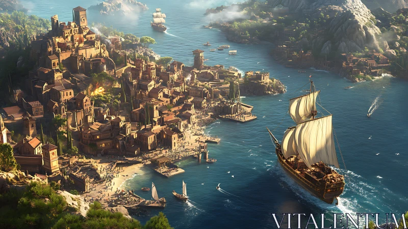 Sunlit harbor city welcomes a grand ship under bright sails