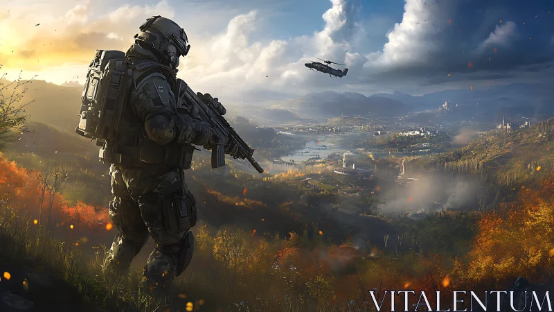 Armored sentinel overlooking a blazing autumn war valley.