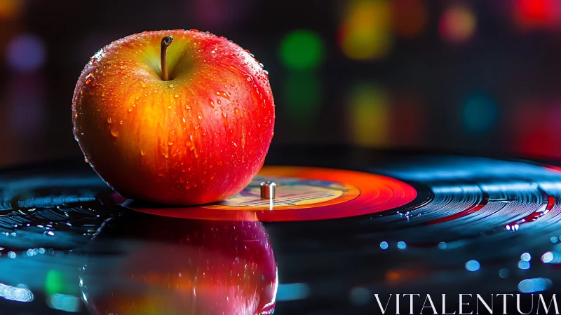 Juicy red apple rests playfully on a colorful vinyl record
