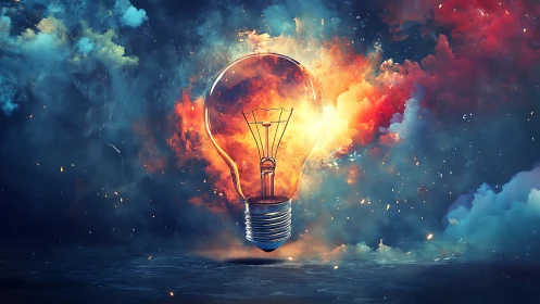 Blazing glass lightbulb glows warmly in a storm of color