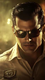 Intense officer portrait under golden cinematic lighting.