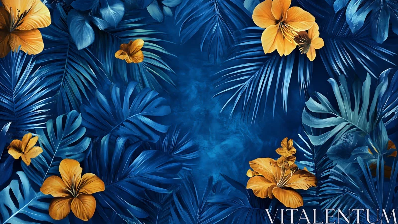 Tropical Floral Composition: Golden Hibiscus with Indigo Palm Foliage.