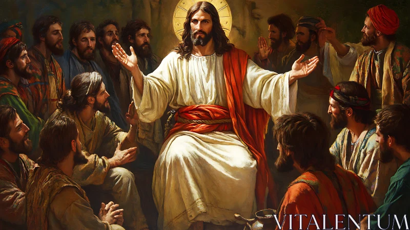 Iconic teacher encircled by disciples under radiant haloed light.