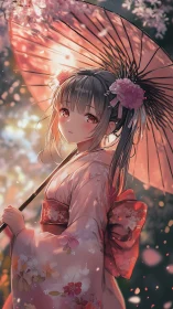 Girl in floral kimono under parasol amid blossoms.