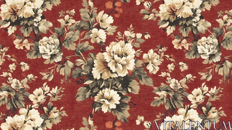 Vintage blooms drifting across deep red garden walls.