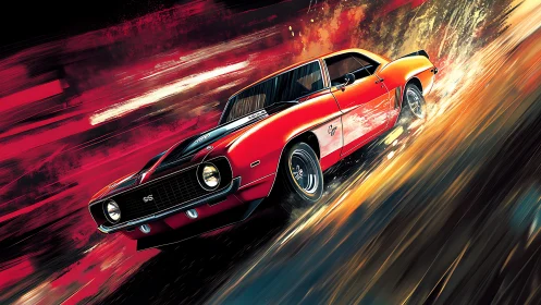Classic red muscle car races through stylized motion blur