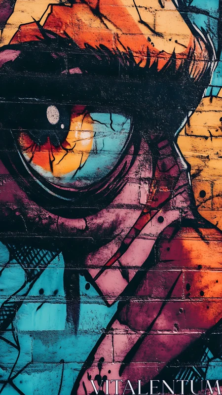 Streetwise iris blazes across cracked neon brickwork walls