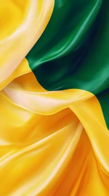 Folded yellow and green satin fabric fills the vertical frame.