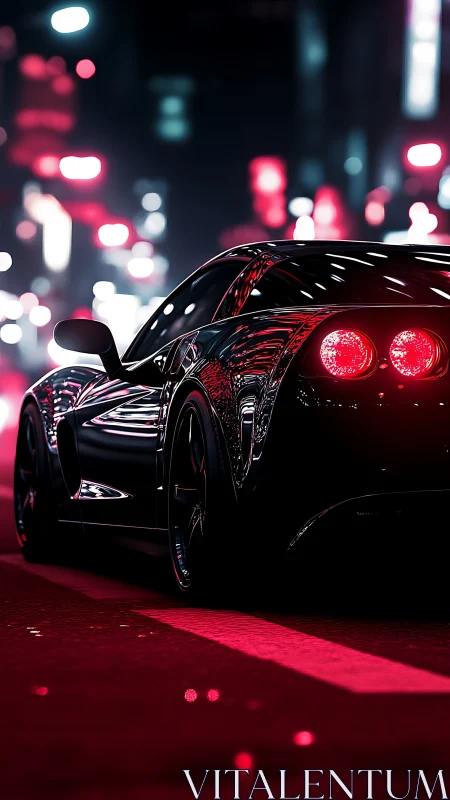Midnight supercar glows under neon city bokeh lights.