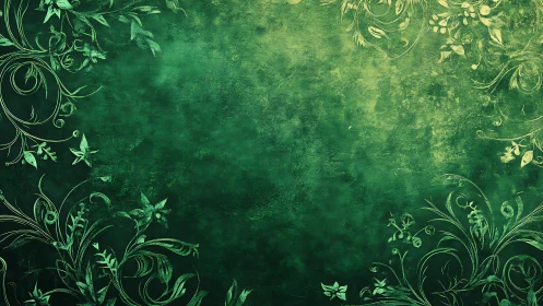 Green textured background incorporates ornamental floral borders
