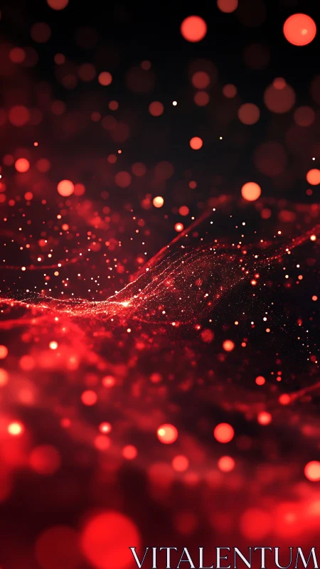 Red particle wave abstraction on dark gradient background.