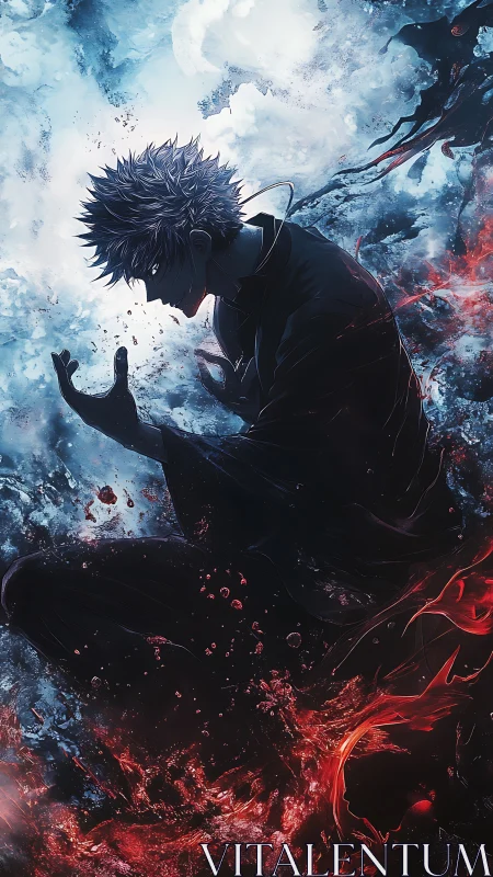 Elemental warrior kneels amid raging ice and crimson fire.