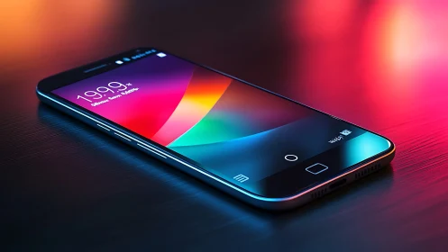 High-end smartphone with gradient display in neon-lit environment. Premium design mockup rendering.