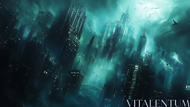 Drowned neon citadel rises through teal storm clouds at dusk