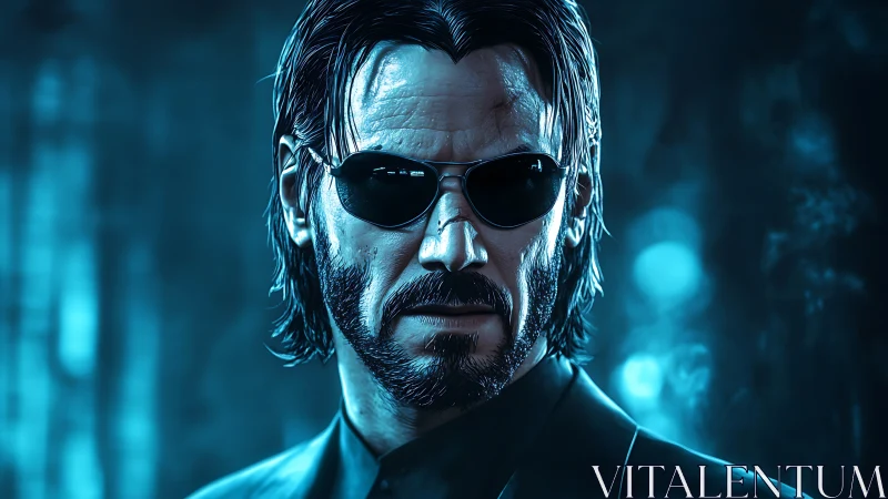 Midnight hitman in neon blue glare and polished menace.