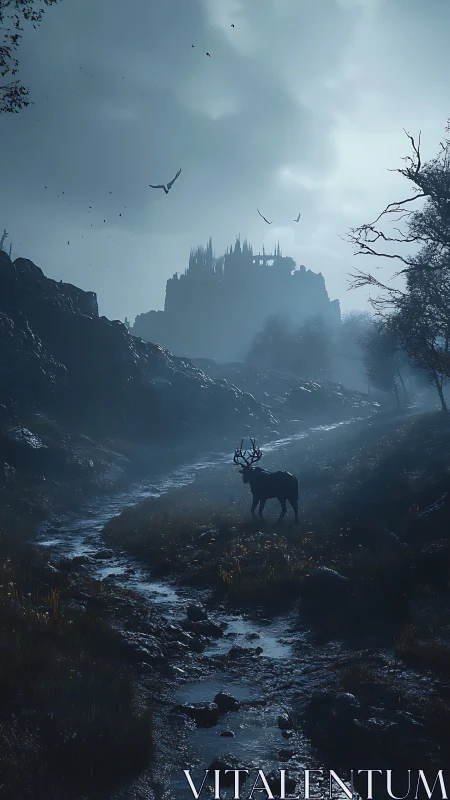 Moonlit stag silhouette surveys distant gothic fortress valley