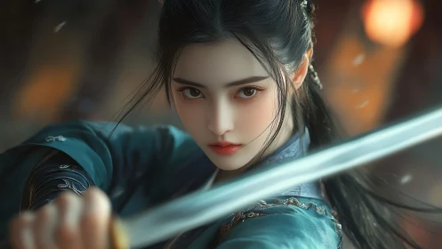 Focused female warrior holding sword in dynamic close-up.